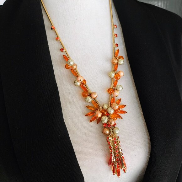 Vintage D and E Juliana Orange Rhinestone and Bead Dangle Necklace & Earring Set - Picture 3 of 8